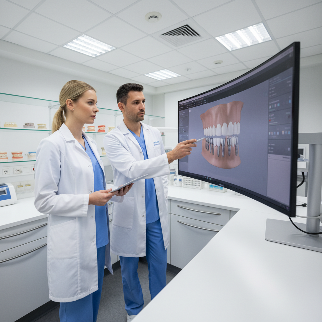 Dental lab team reviewing a 3D implant restoration on a computer screen in a modern clinical workspace.