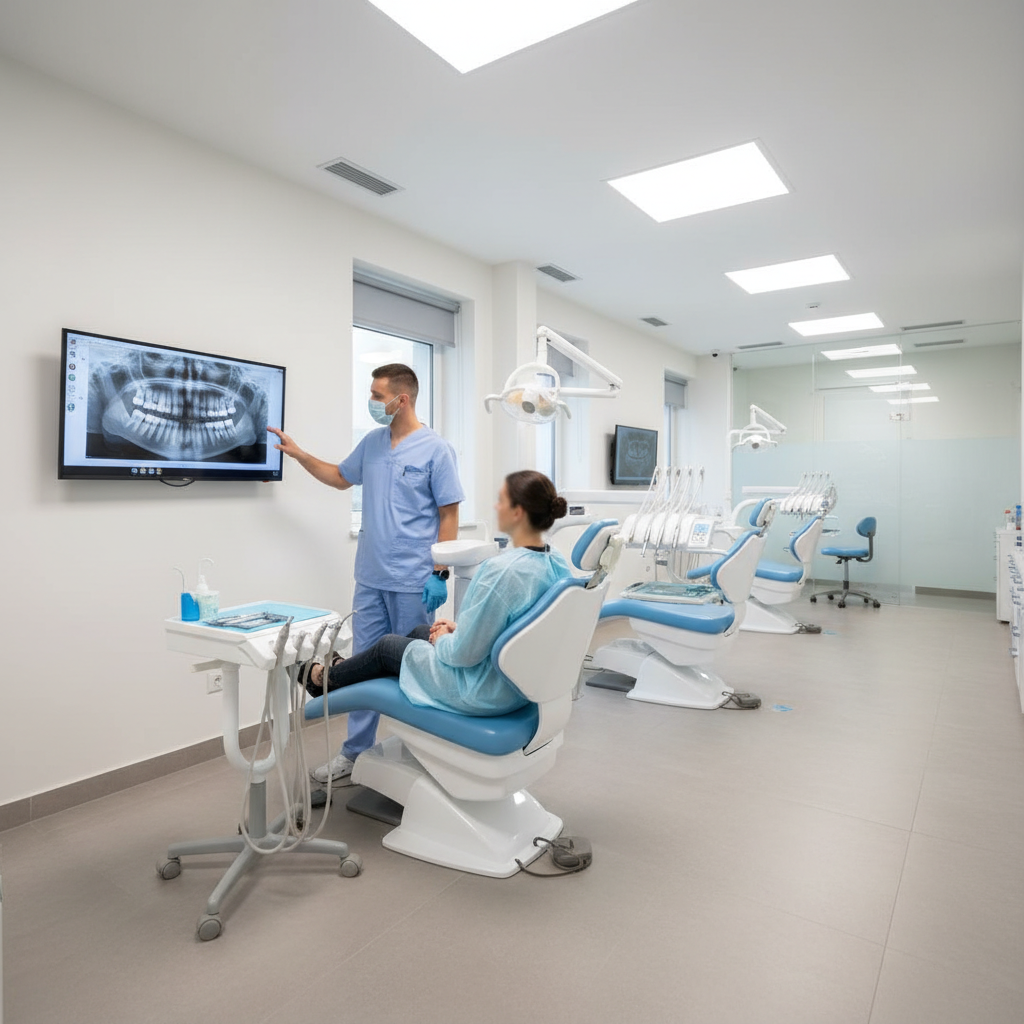 Dentist discussing teeth restoration plan with a patient in a modern dental clinic