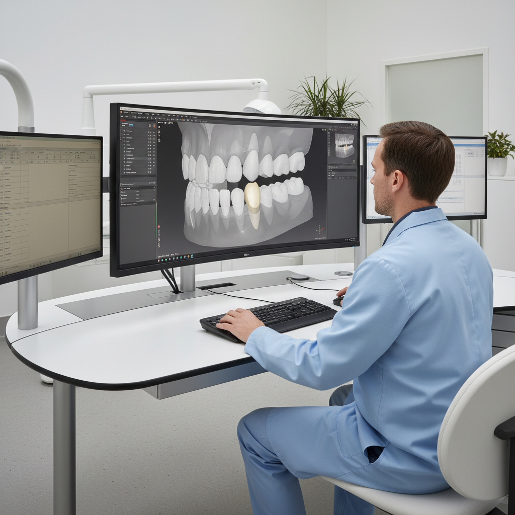 Dental professional using CAD CAM software to design a digital teeth restoration