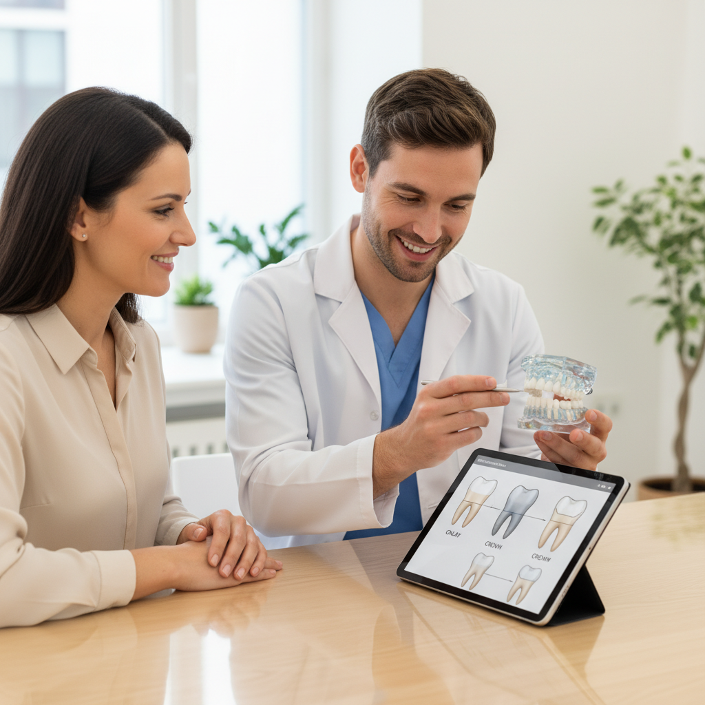 Dentist explaining direct and indirect teeth restoration options to a patient