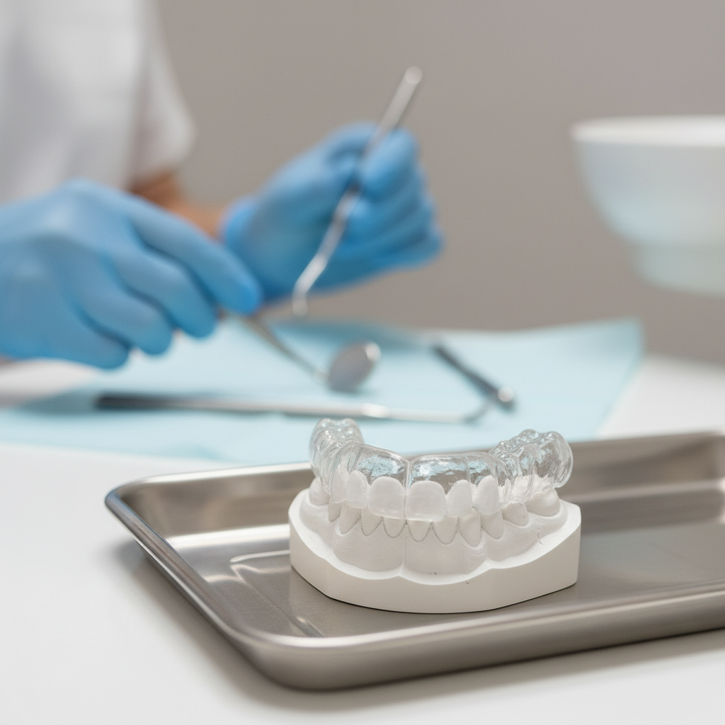 Clear acrylic night guard for teeth grinding resting on a dental model in a clinic