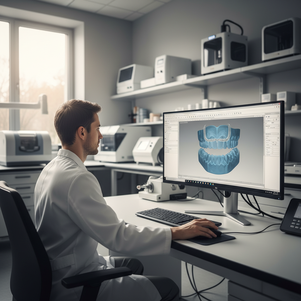 Dental technician using digital CAD CAM software to design a bruxism splint