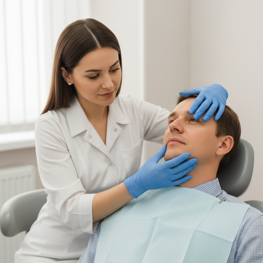Dentist examining a patient’s jaw muscles for bruxism symptoms in the dental chair