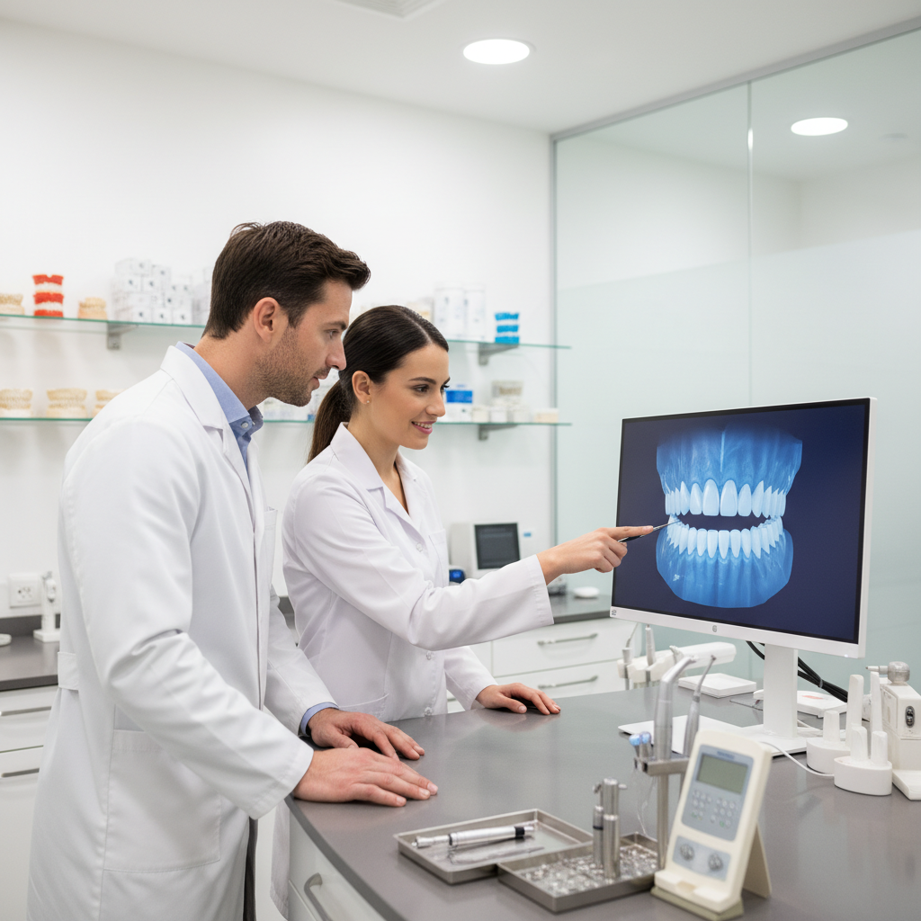 Dentist and lab technician reviewing a digital cosmetic dentistry smile makeover plan