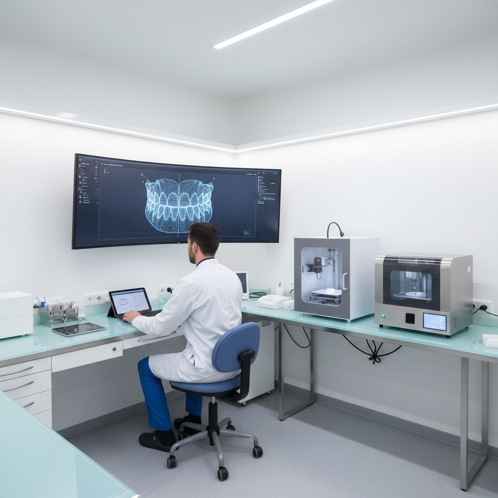 Dental professional using digital tools and 3D printing for a cosmetic dentistry workflow