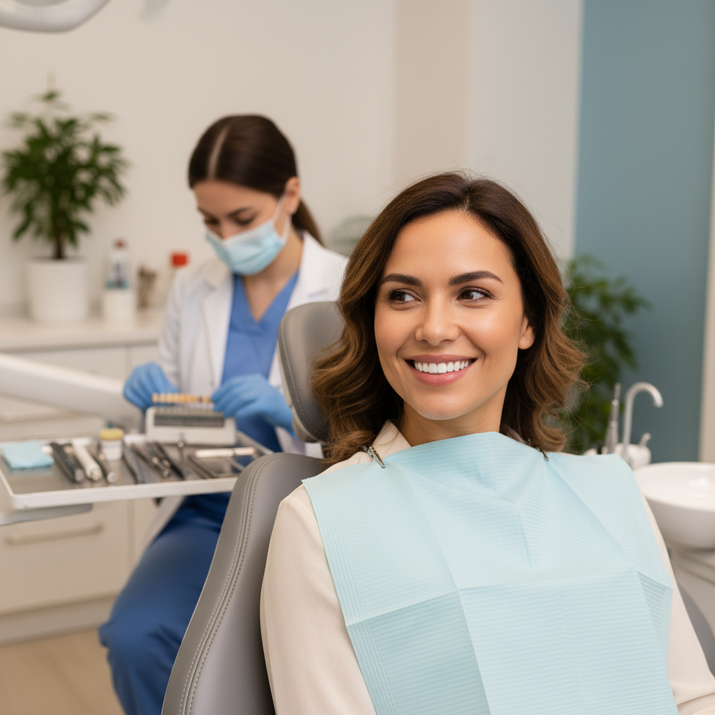 Patient in dental chair showing natural cosmetic dentistry results with dentist in background