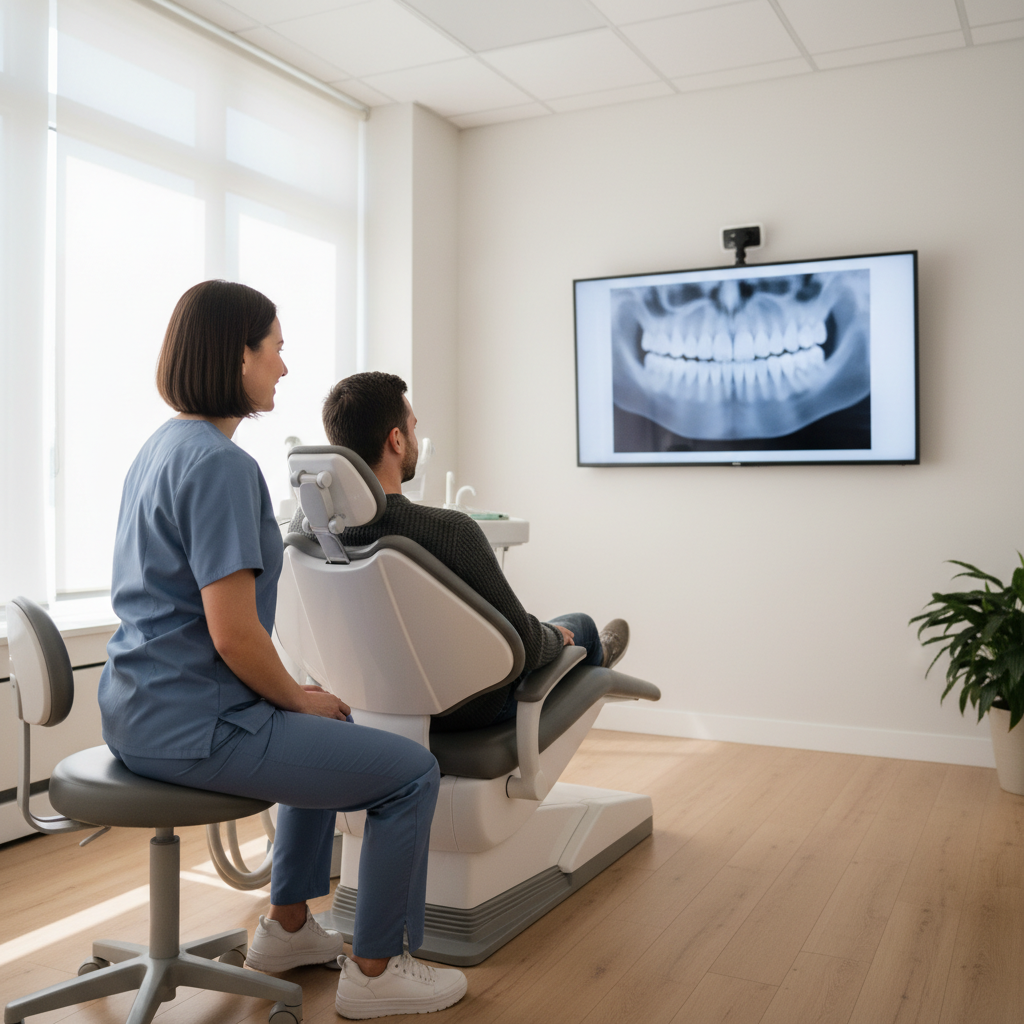 Dentist and patient reviewing a full mouth rehabilitation plan on a screen in a modern dental clinic