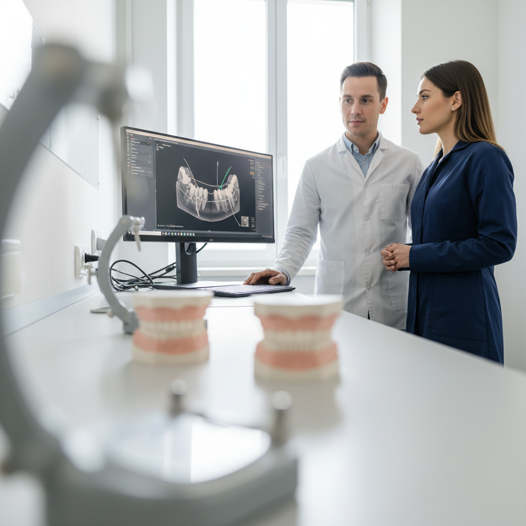 Dentist and dental technician reviewing full-arch implant planning scans together in a lab office