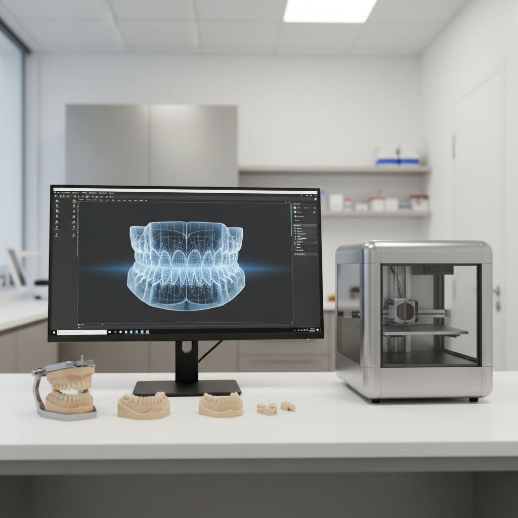 Digital dental workstation with CAD design of a full-arch prosthesis and nearby 3D printing equipment