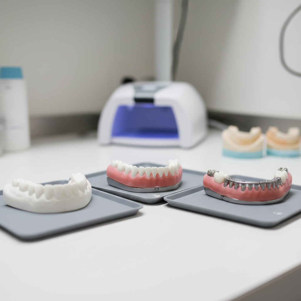 Different full-arch prosthesis options for full mouth rehabilitation displayed on a dental lab bench
