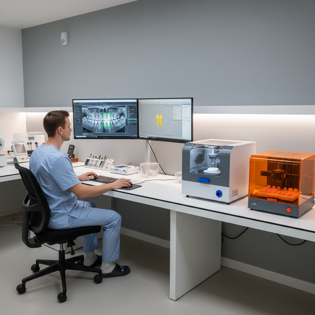 Dental technician using CAD/CAM dentistry software and a milling unit to design and make crowns
