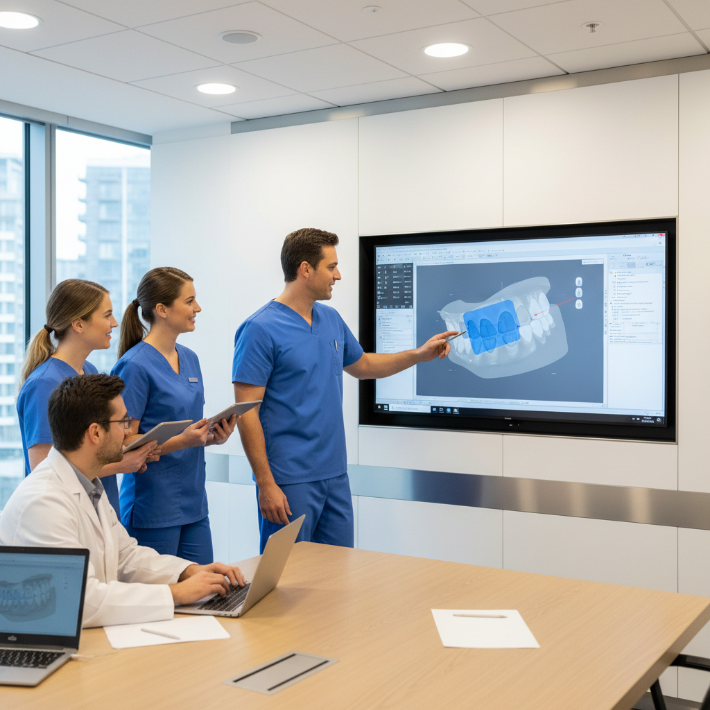 Dental team reviewing CAD/CAM dentistry crown designs on a large screen in a meeting area