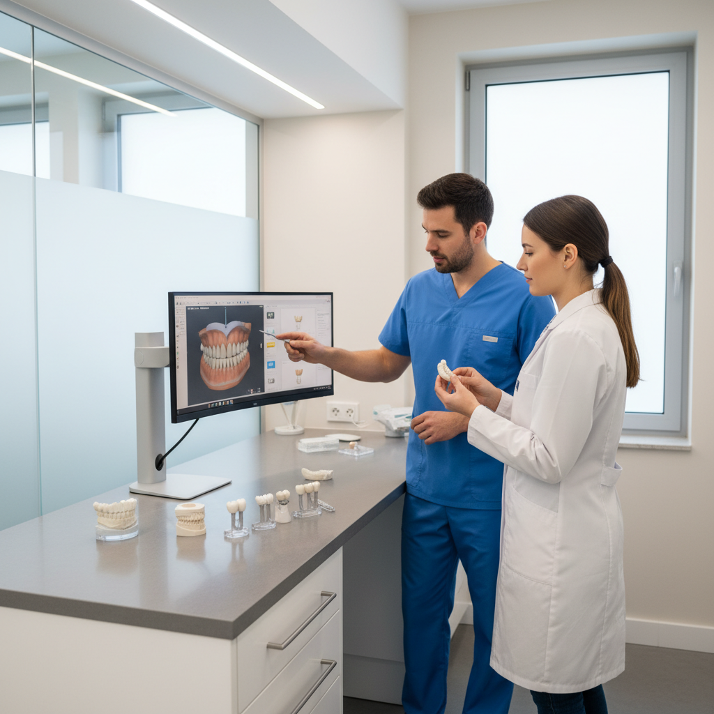 Dentist and dental technician reviewing digital dental lab cases on a screen in a modern clinic