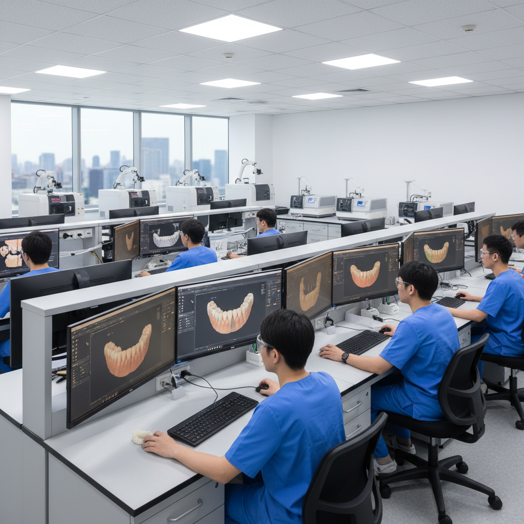 Technicians working with CAD CAM equipment and 3D dental models in a digital dental lab