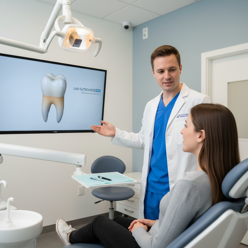 Dentist and patient looking at a screen that shows a dental restoration in a clinic
