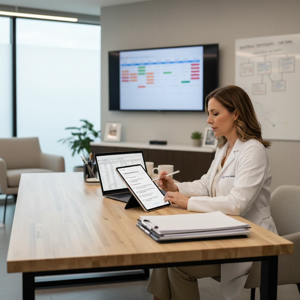 Dentist or practice owner reviewing a digital checklist and documents at a desk