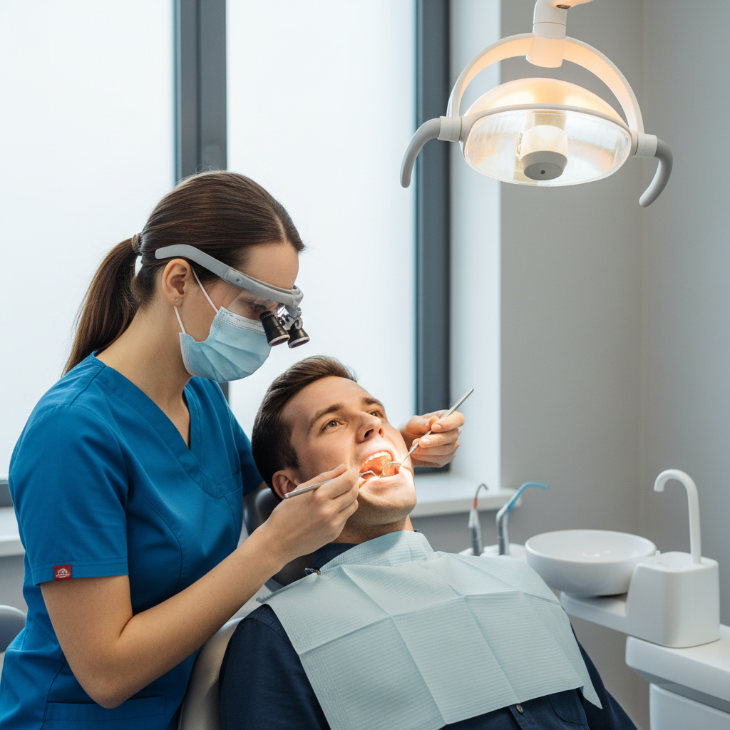 Dentist examining a patient’s posterior teeth during a check-up in a modern dental operatory
