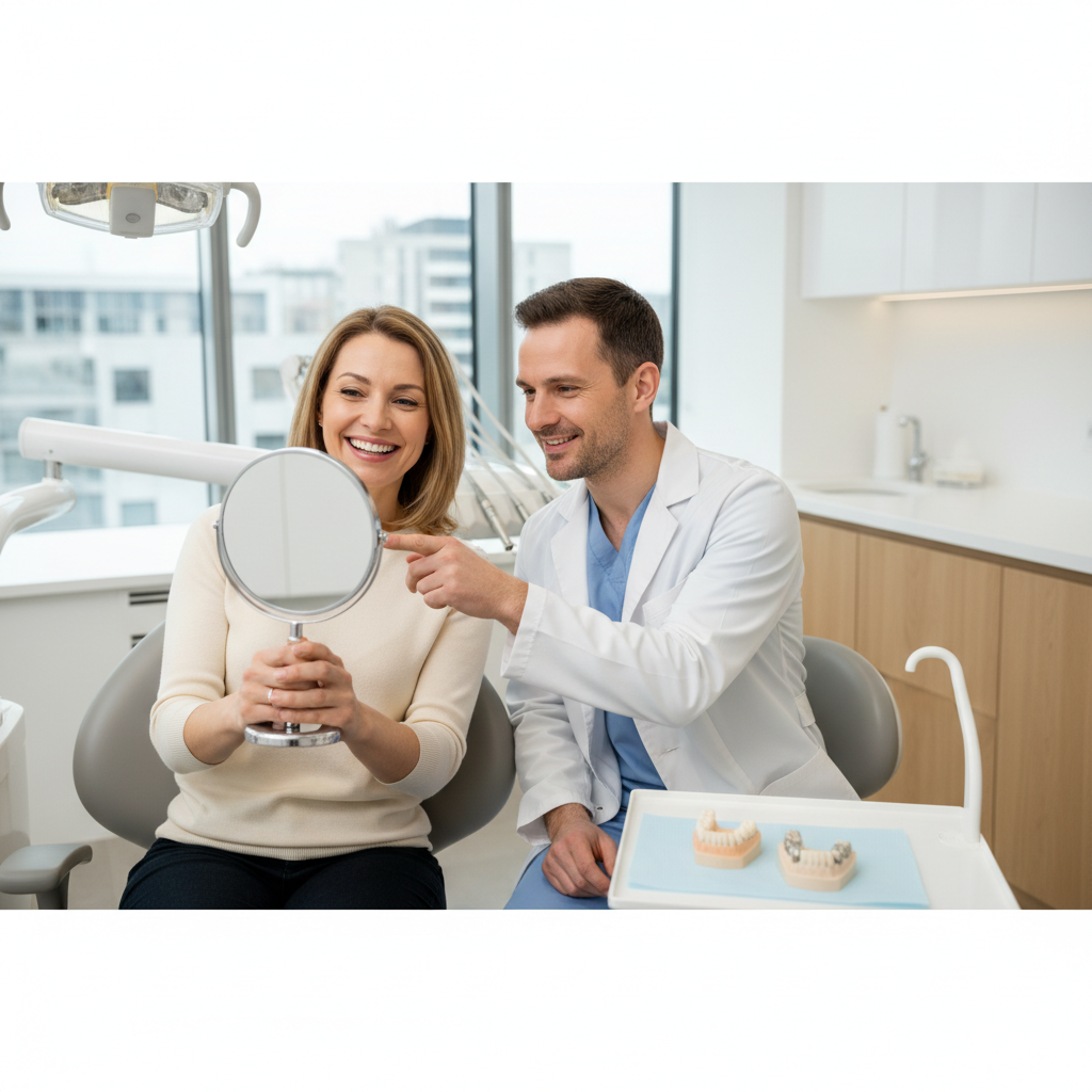 Adult dental patient smiling into a hand mirror while a dentist discusses crown aesthetics