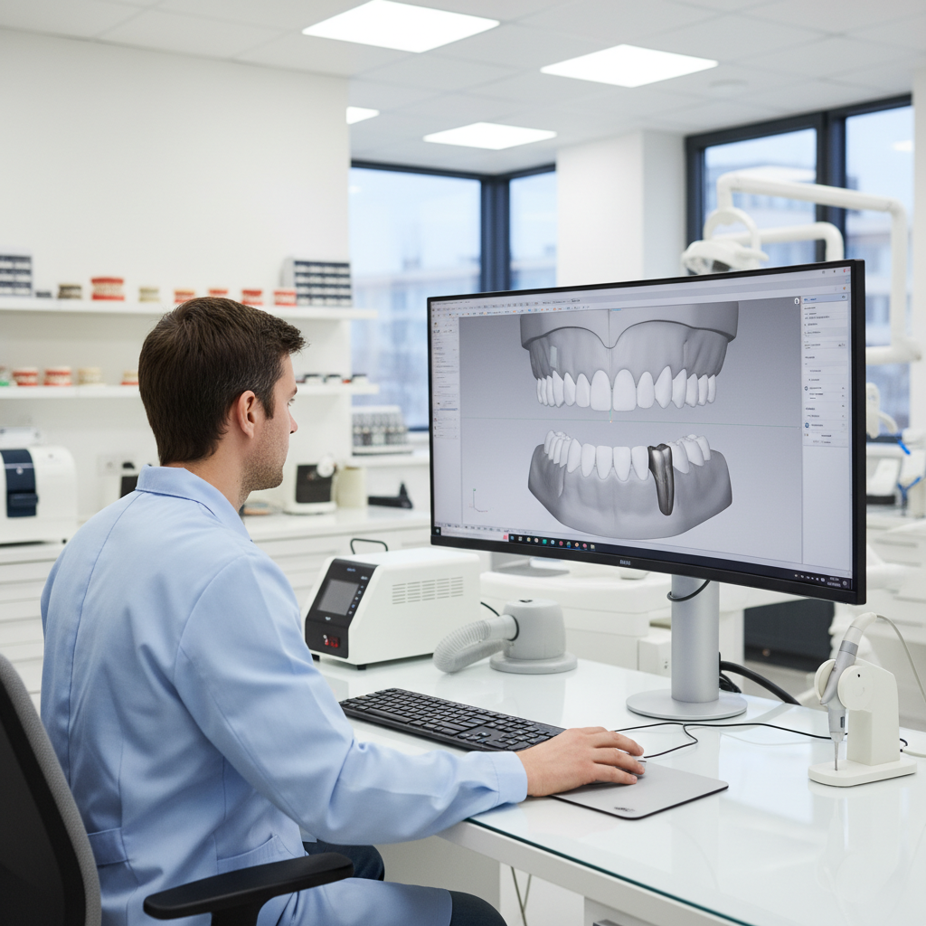 Dental professional reviewing a 3D CAD CAM model of teeth and crowns on a computer in a clean workspace