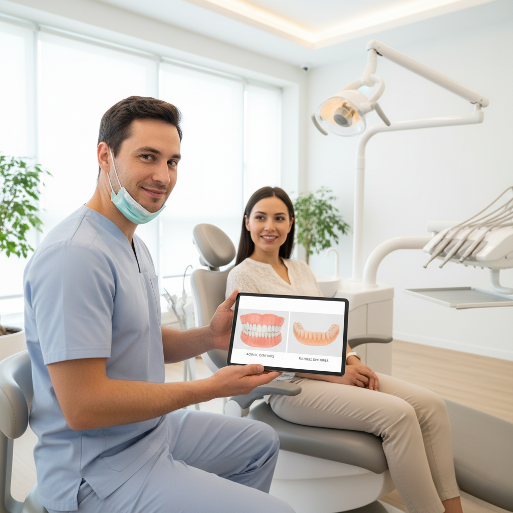 Dentist and adult patient discussing acrylic vs flexible dentures in a modern dental clinic