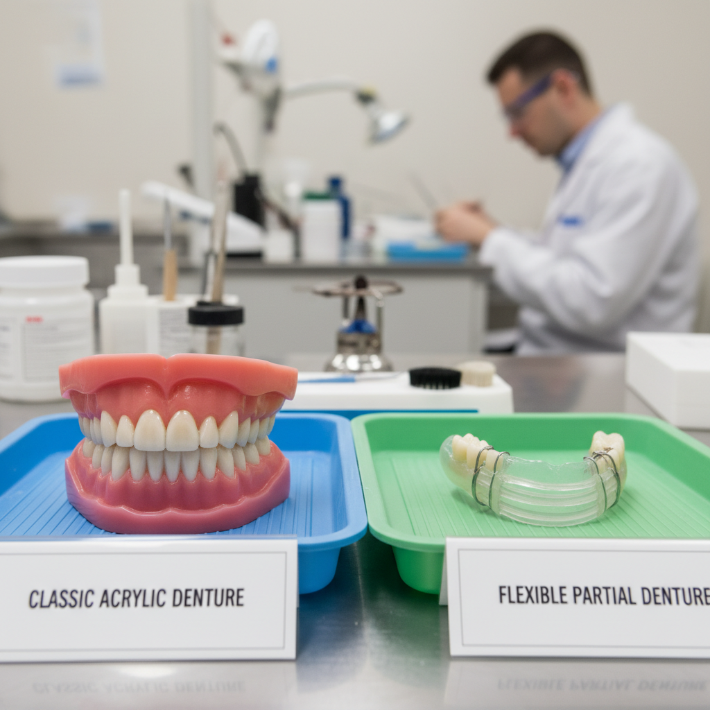 Dental lab bench showing acrylic vs flexible dentures models side by side