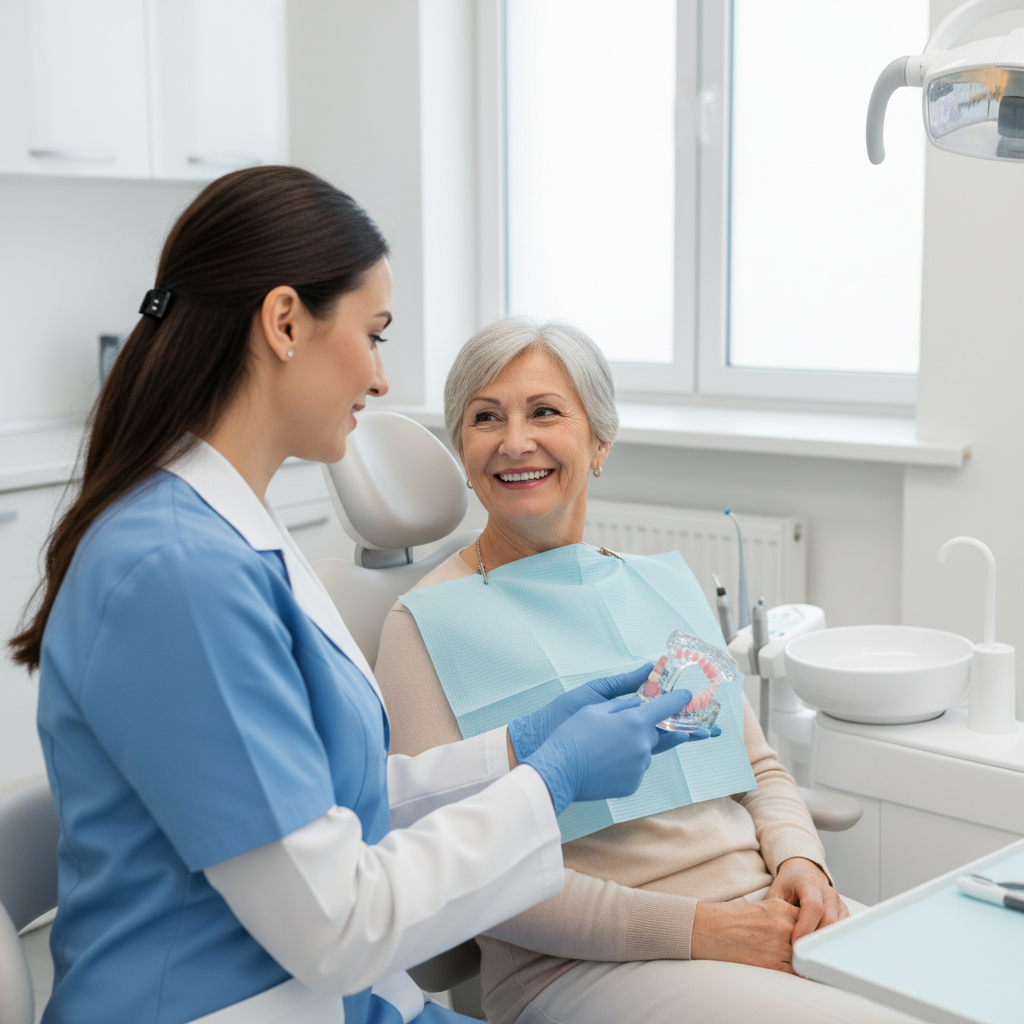 Dentist showing a denture model to an older patient while discussing flexible partial dentures
