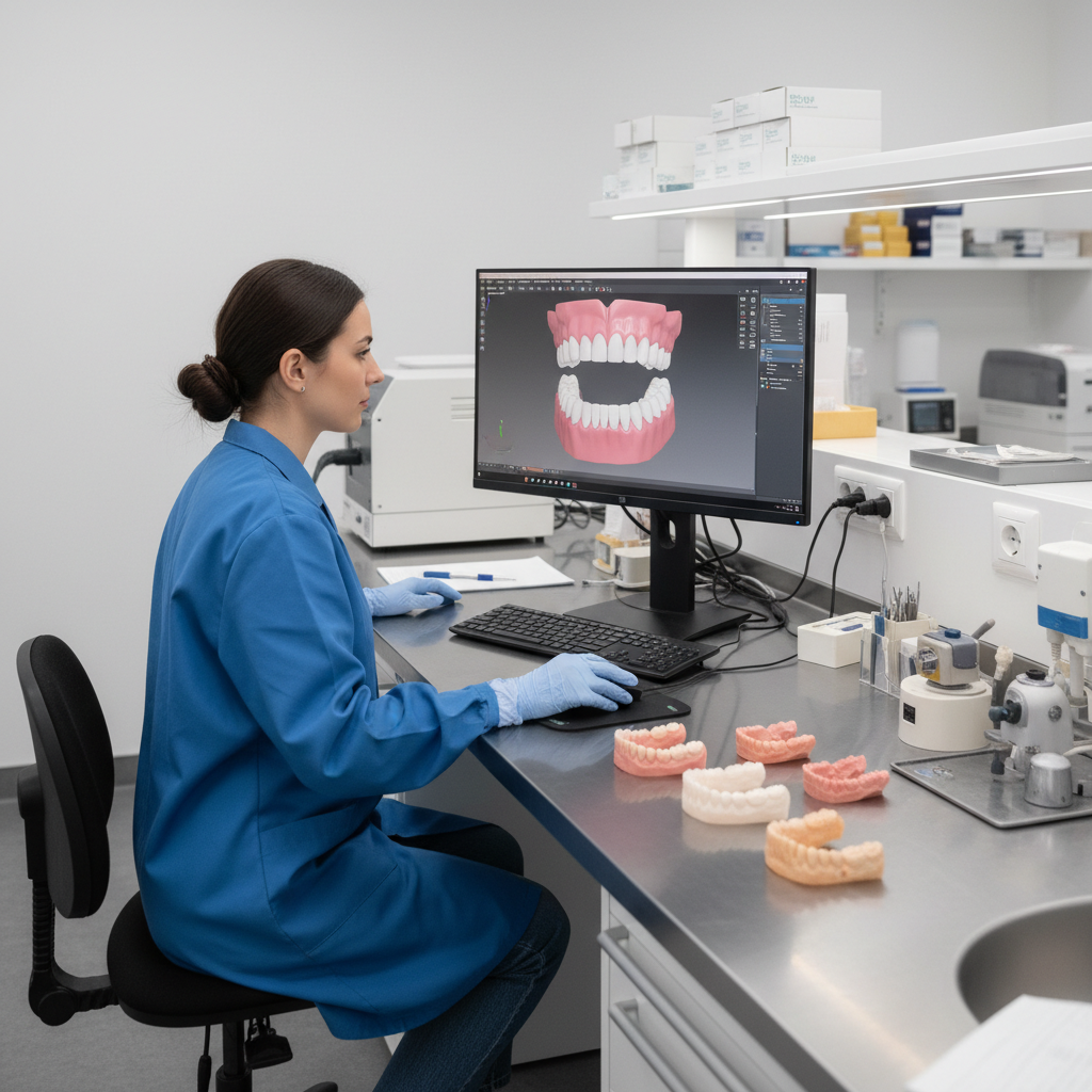 Dental technician in a lab working with digital denture designs alongside physical denture bases