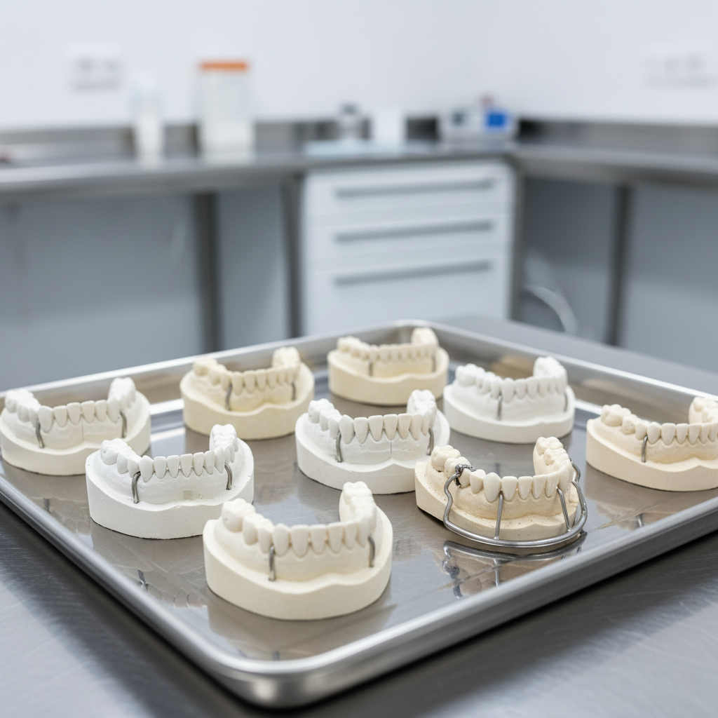 Selection of removable partial dentures and dental models arranged on a tray in a lab