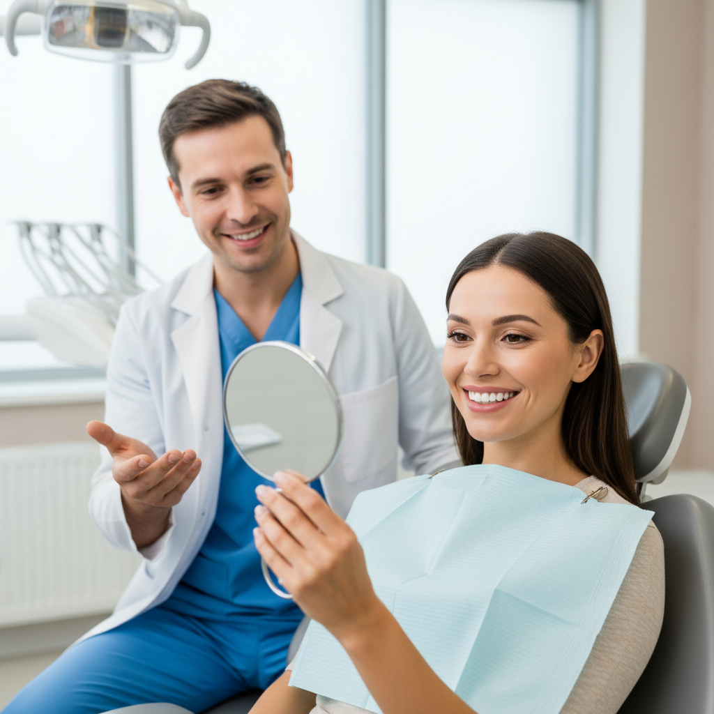 Adult dental patient smiling in a chair while checking their front teeth in a mirror