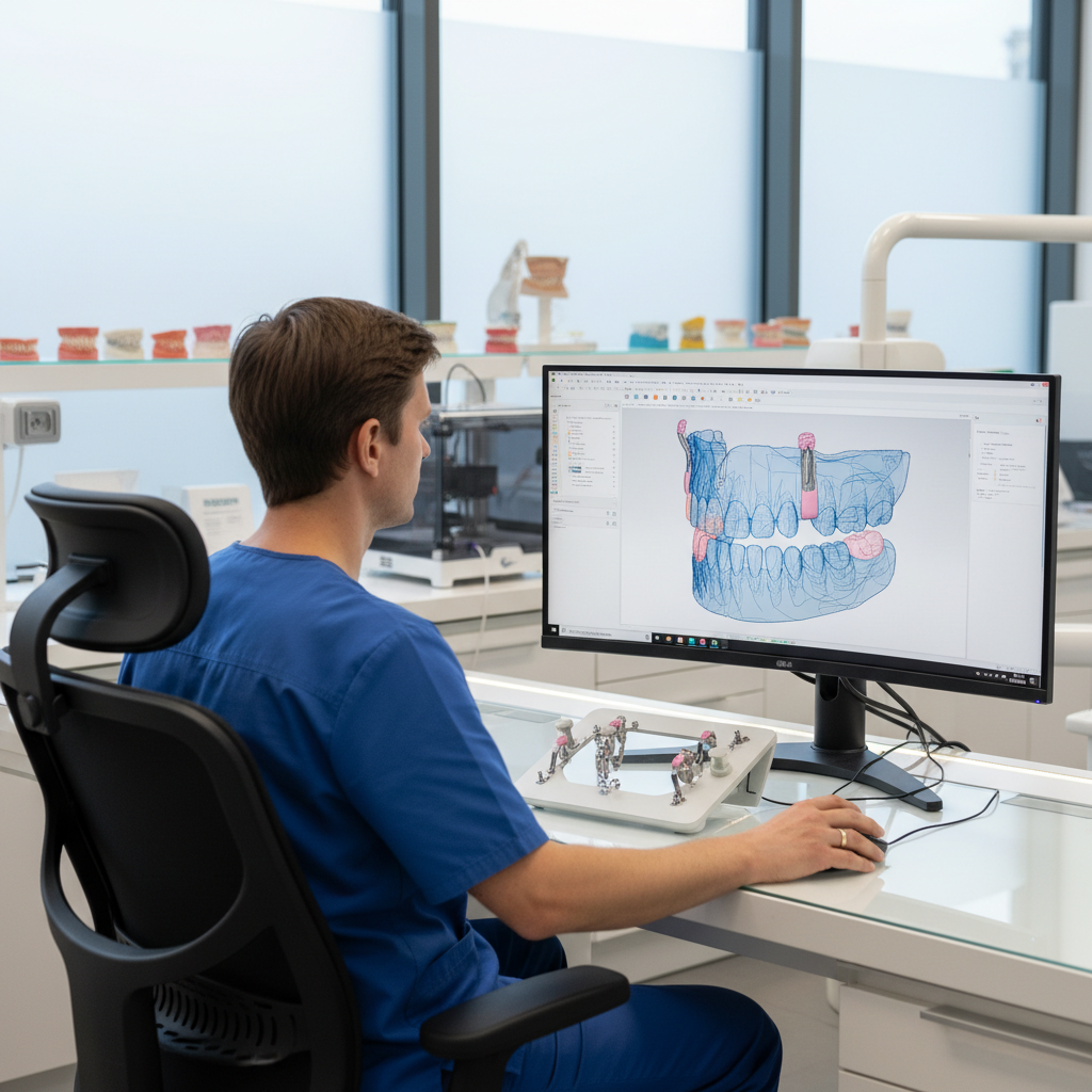 Dental professional reviewing a 3D digital model of a partial denture design on a computer