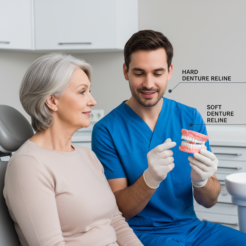 Dentist holding a denture while explaining hard and soft denture reline options to an older patient