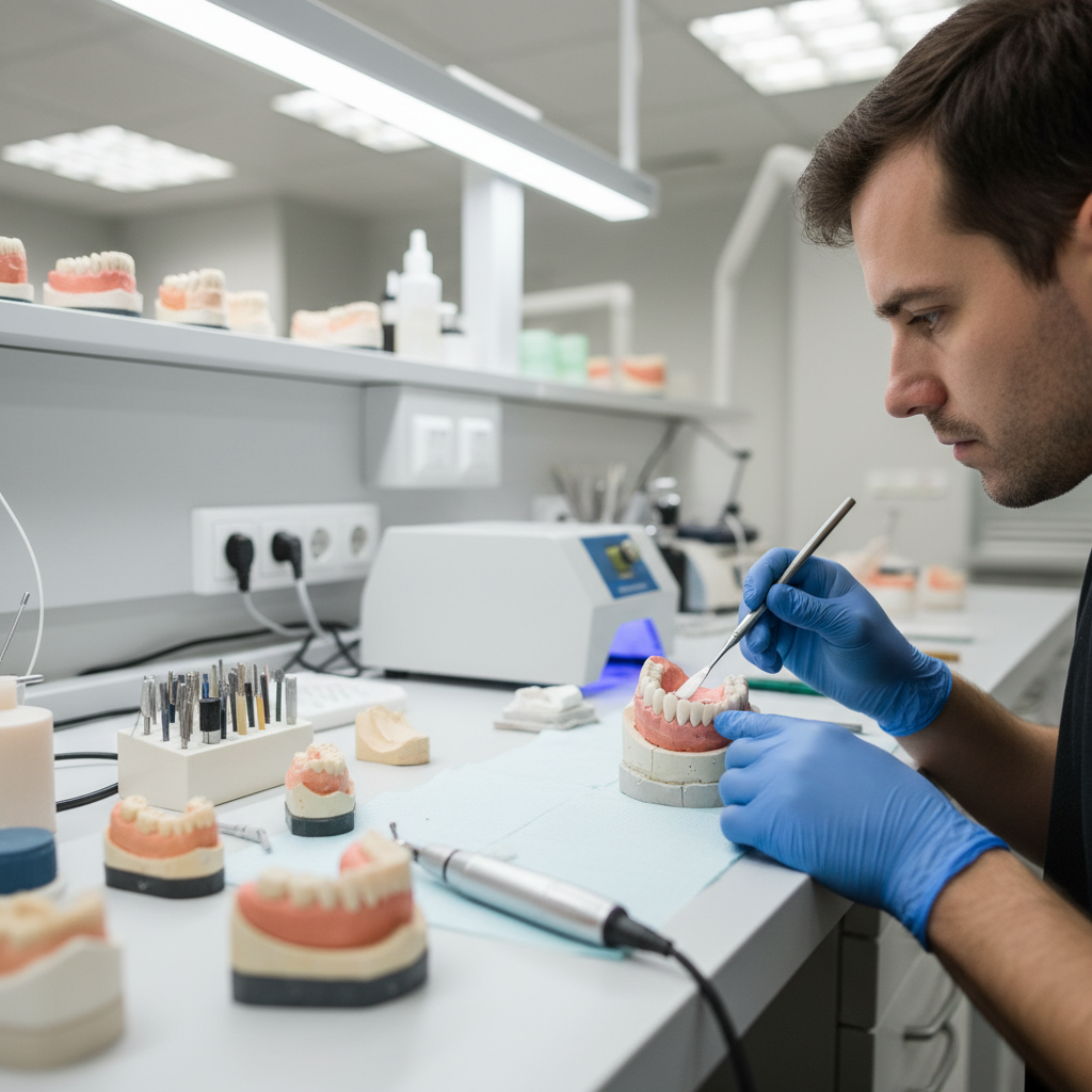 Dental lab technician working on a denture reline at a laboratory bench