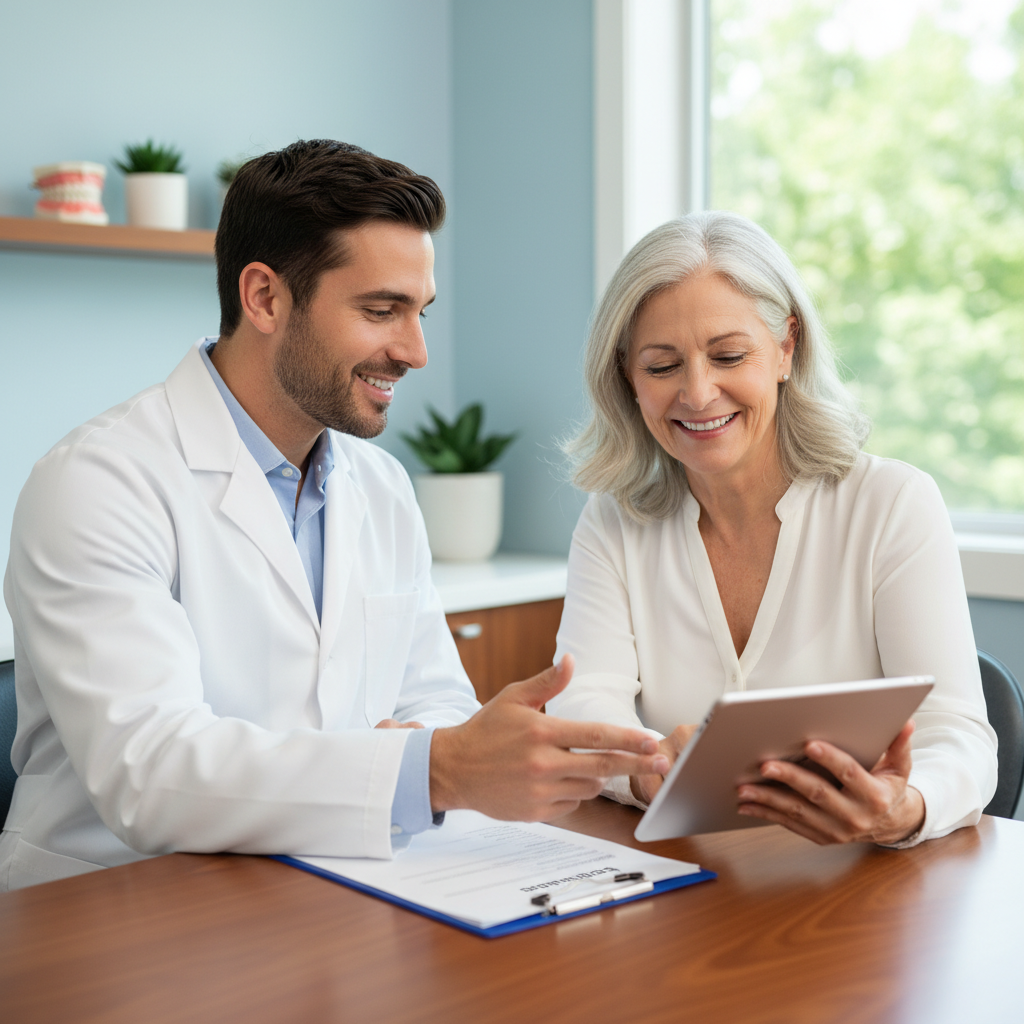 Dentist and mature patient reviewing denture reline costs on a tablet in a dental office