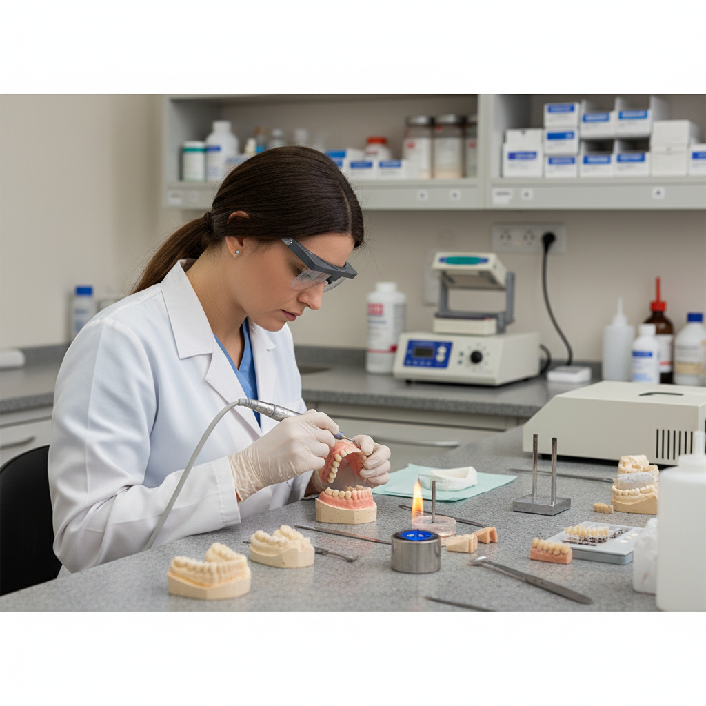 Dental technician working on dentures at a laboratory bench
