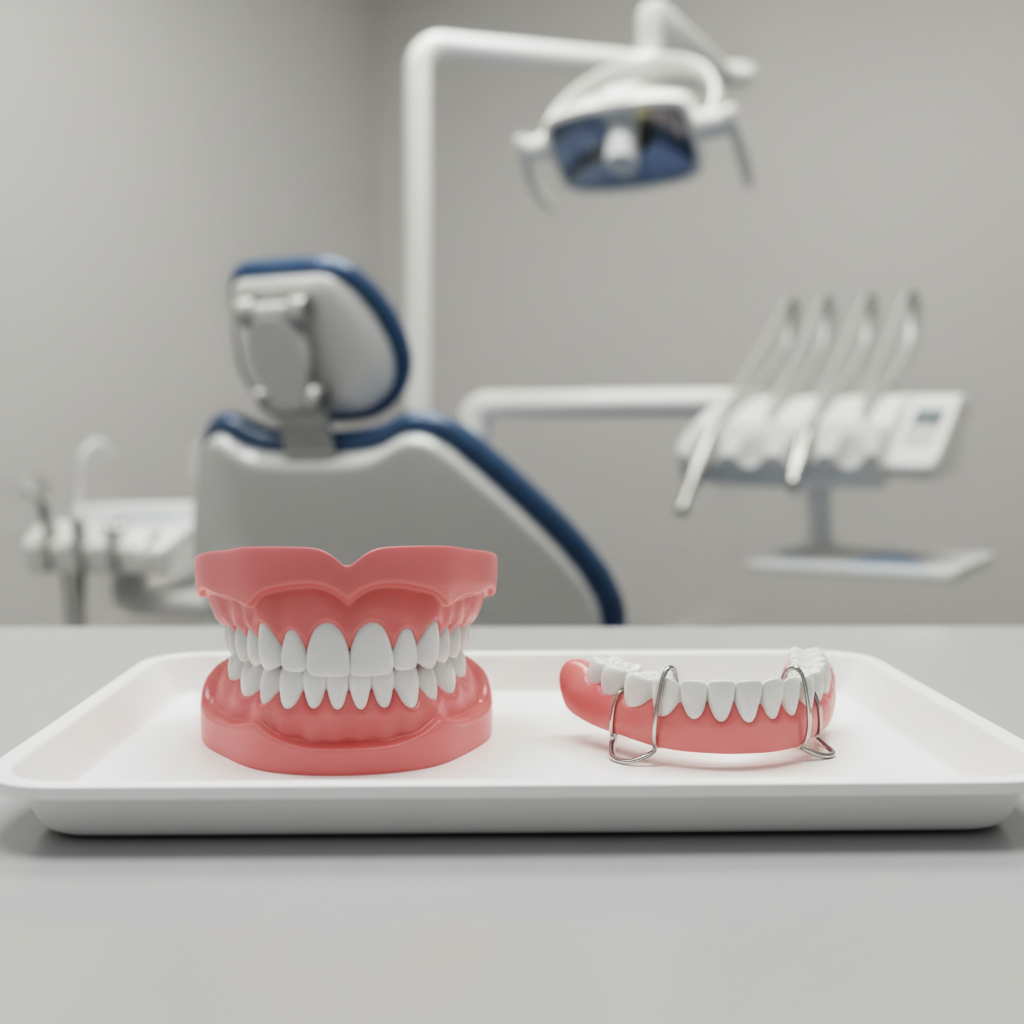 Complete denture and partial denture resting on a tray in a dental surgery