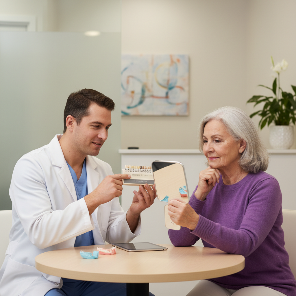 Dentist and older patient reviewing denture tooth shades together in a consultation area