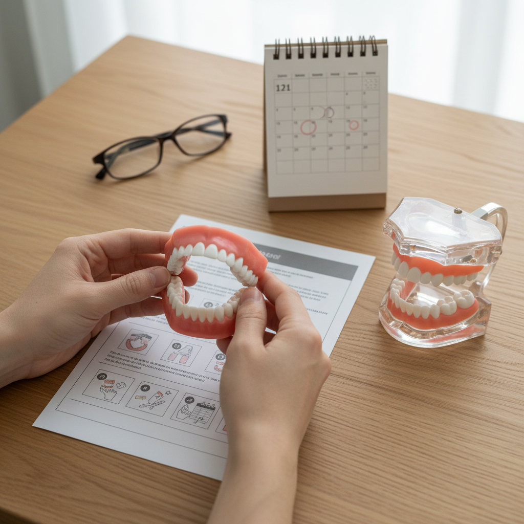 Denture model, aftercare instructions, and calendar laid out on a table for immediate denture care