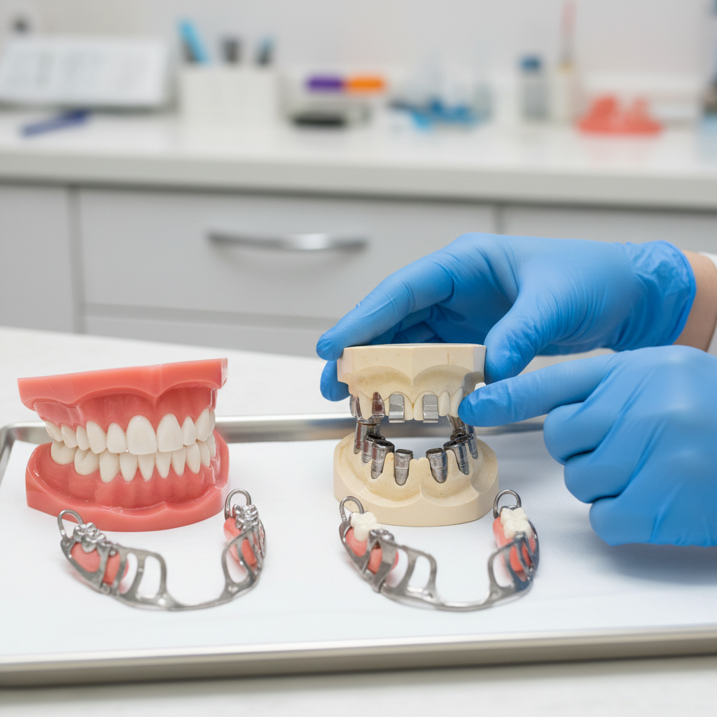 Different types of dentures arranged on a tray in a dental lab