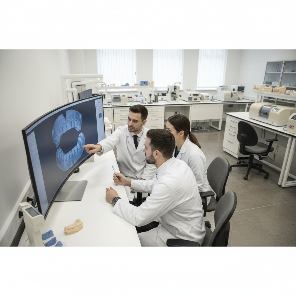 Dental lab team collaborating around a digital model to plan lower denture solutions