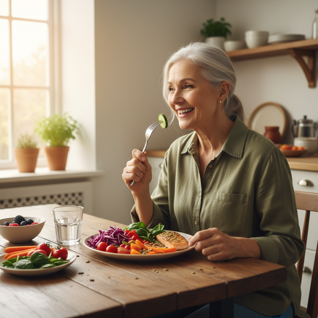Older adult enjoying a healthy meal comfortably with dentures