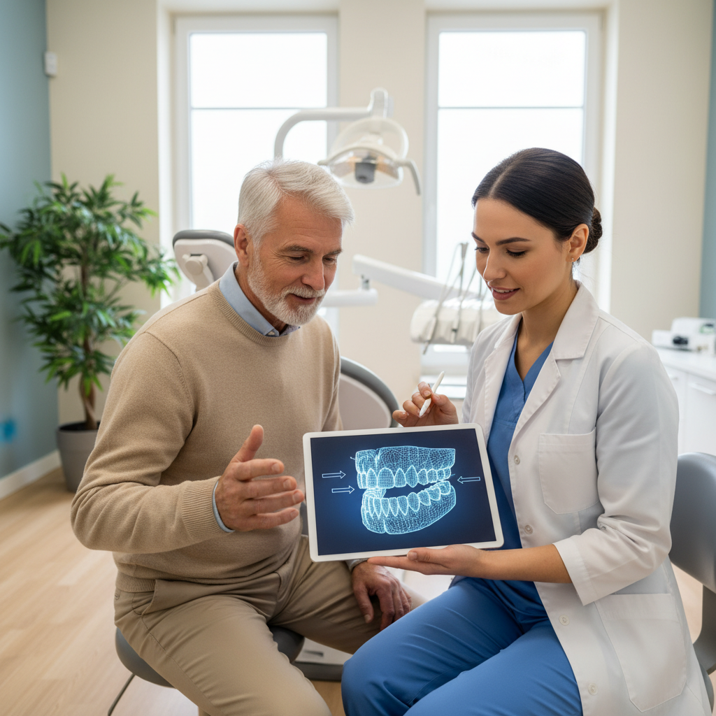 Dentist and older patient discussing denture treatment options on a tablet