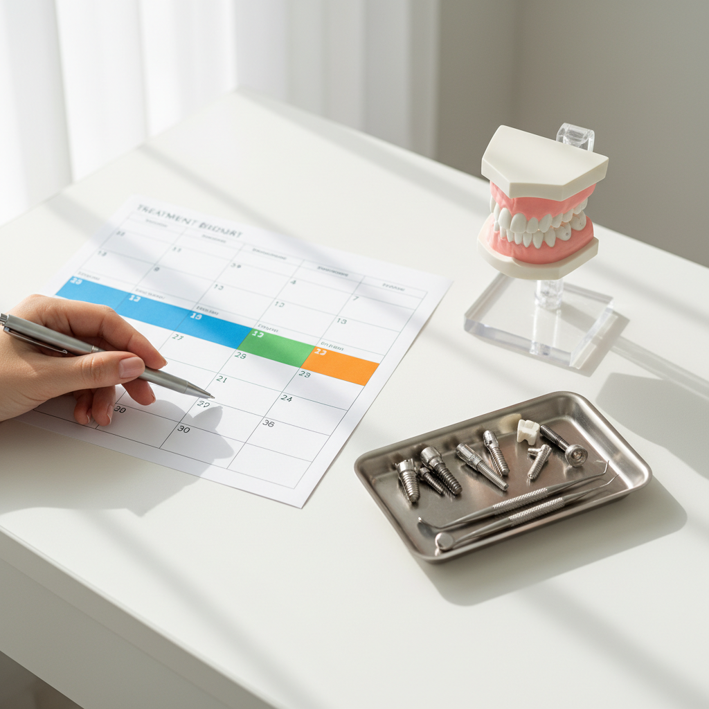 Dental implant procedure timeline and planning calendar with implant components and a tooth model on a desk
