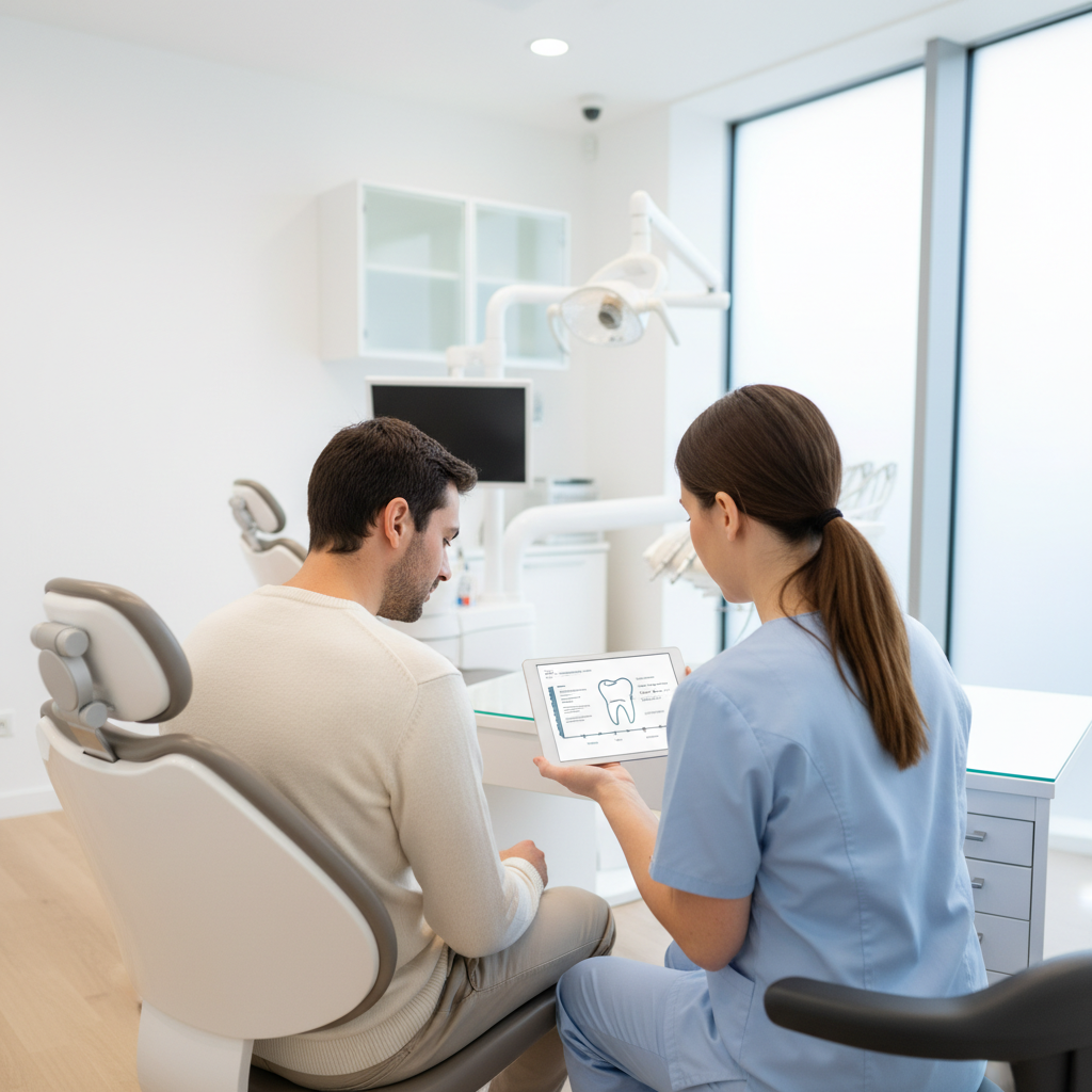 Dentist and patient reviewing a dental implant procedure timeline on a tablet in a modern clinic