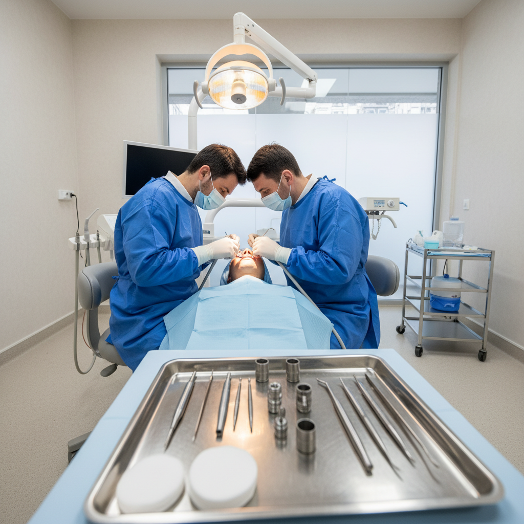 Dental team performing a dental implant procedure in a modern surgical operatory
