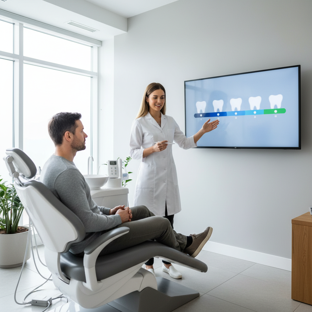 Dentist explaining a dental implant procedure timeline on a screen to an adult patient in a consultation room