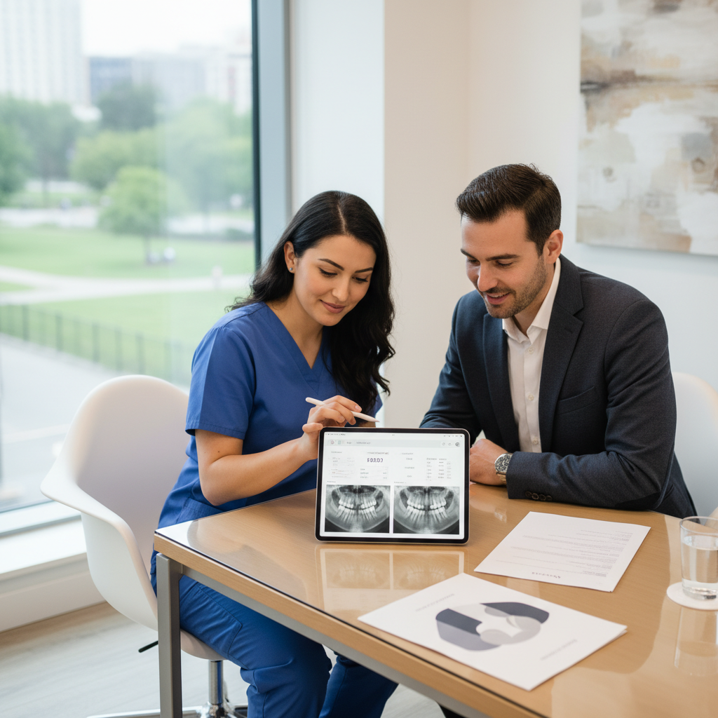 Dental team reviewing x-rays and charts to compare long-term outcomes of dental bridge vs implant treatment