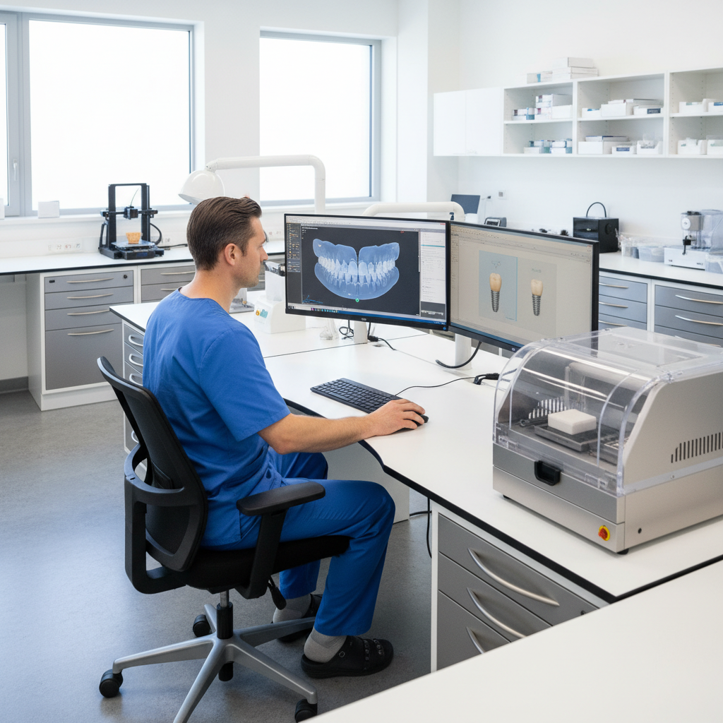 Dental technician using CAD CAM software in a modern lab to design restorations for dental bridge vs implant cases