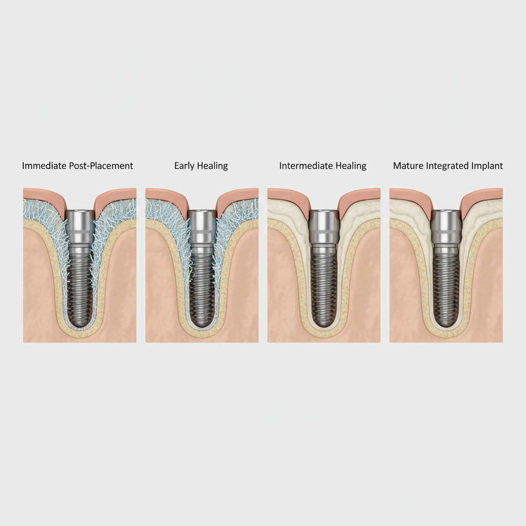 Medical 3D render showing a timeline of osseointegration of dental implants across several healing stages in the jawbone.