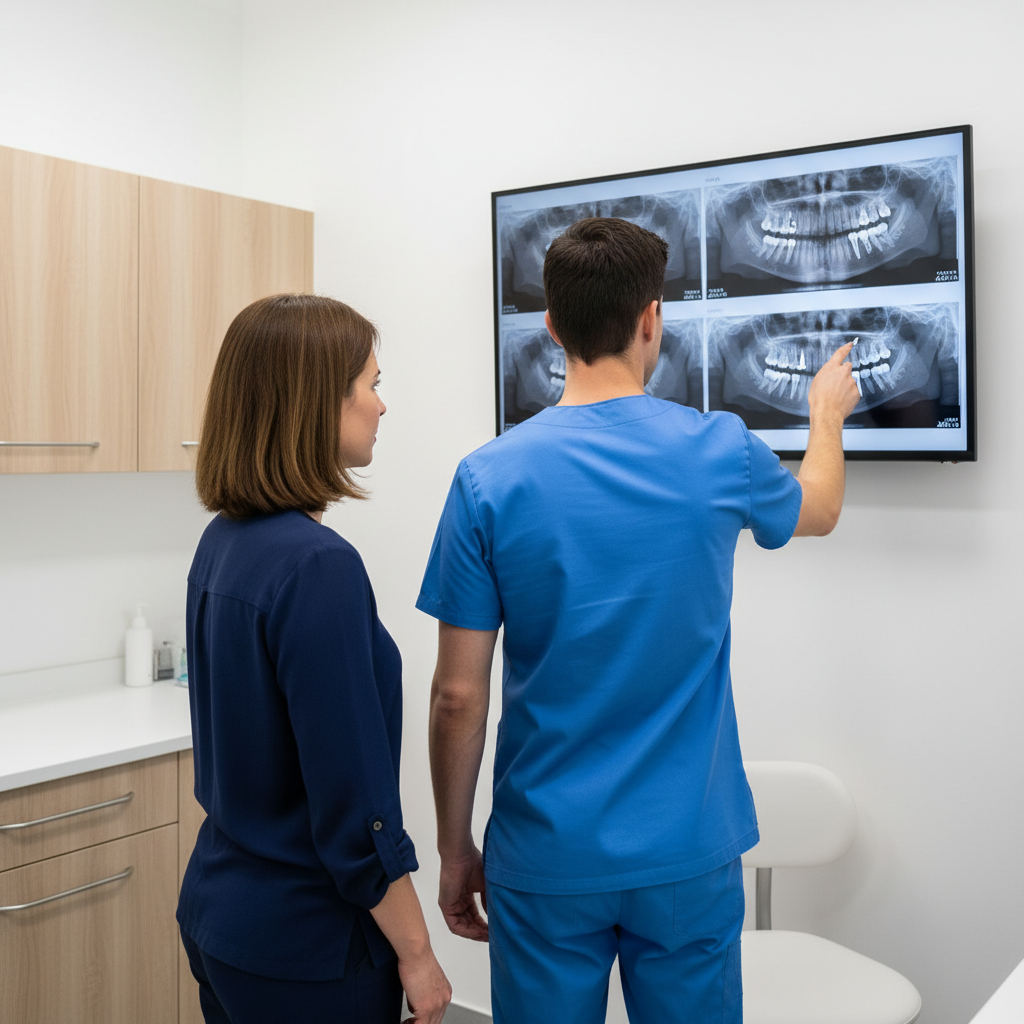 Dentist and patient reviewing dental implant radiographs on a monitor to assess osseointegration of dental implants in the posterior maxilla.