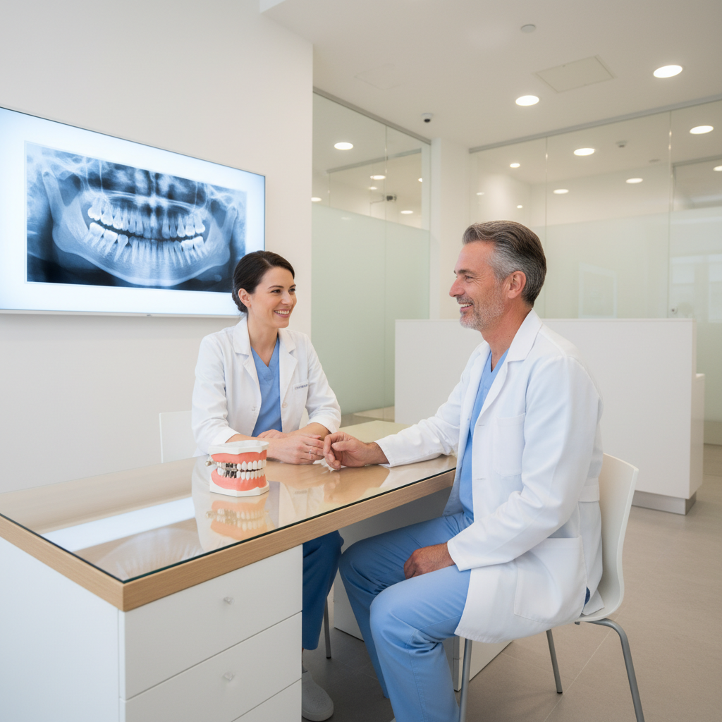 Dentist discussing dental implant options with a middle-aged patient in a modern clinic